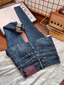 Deep Blue Korean Style Pocket Denim Jeans Womens Slim Fit Autumn New High Waist Thin Fleece Versatile Slimming Ankle Pants