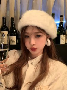 White Fluffy Beret Hat Womens Warm Face Slimming Octagonal French Elegant Painter Hat Autumn Winter Korean Style Cap