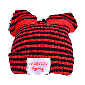 Cat Ears Wool Hat Womens Autumn and Winter Stripes Thickened Warm Knitted Ear Protector Hat Pig Ears Cartoon Cute Pullover Hat