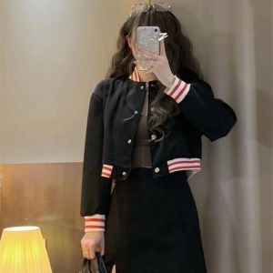 Black Short Baseball Jacket Womens Spring Versatile 2025 New Small Size INS Trendy Top Vibe Style Polyester Fiber Coat