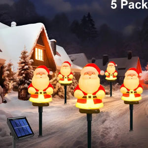 5Pcs/Set Christmas Santa Claus Pathway Lights Garden Stake Lights Solar Powered For Patio Camping Xmas Holiday Party Decoration