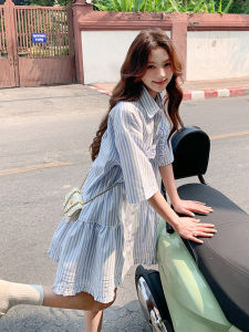 Blue Striped Short Sleeve Shirt Dress Womens Summer Loose Slimming Skirt High Waist A-Line Korean Style Commute Friendly