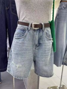 กางเกงขาสั้นผ้ายีนส์ขาดสไตล์ฮ่องกงเอวสูง ทรงหลวม ทรงตรง กางเกงขายาวห้าส่วน กางเกงขายาวทรงหลวมสำหรับผู้หญิง