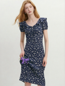 Blue French Floral Print Short-Sleeve Fitted Mid-Length Vintage Style Dress