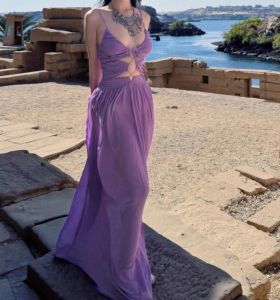 ชุดเดชุดงานปาร์ตี้วันเพ็ญไม่มีแขนสีม่วงเซ็กซี่เสื้อผ้ากุลสตรีฤดูร้อนเสื้อผ้าสตรีชุดเดรสเปิดหลัง