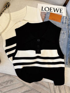 SlimmingStripedFrenchCollar KnittedVestForWomenSummerChicClassic LeisureFitForAllTypesOfFigure Sleevelessthiring