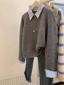 เสื้อสเวตเตอร์คอโปโลหลวมๆ สีเทาสำหรับผู้หญิงในฤดูใบไม้ร่วงและฤดูหนาว เสื้อชั้นในถักแบบลำลอง เสื้อตัวบนแฟชั่นสตรีทสไตล์