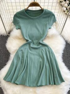 Váy Chữ a Xếp Ly Tay Ngắn Cổ Tròn Cạp Cao Màu Trơn Mùa Hè 2023 Váy Ngắn Cho Nữ Thanh Lịch Thời Trang Hàn Quốc