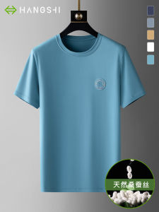 Silk Short Sleeve T-Shirt Mens High-End round Neck Solid Color Summer Casual Ice Sensation Half Sleeve Shirt Comfortable Fashion Urban Style