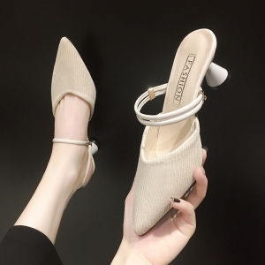 Pointed Toe Knitted Slip-On Half Slippers Womens Summer Outdoor Wear French Style Fabric Upgraded Version Comfortable High Heels