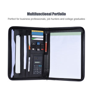 A4 PU Leather Portable Zipper Document Wallet with Calculator Business Padfolio Folder Document Case Organizer with Card Holder Memo Notepad