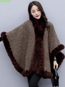 Plush Large Size Sleeveless Cloak Shoulder Wrap Faux Fur Bat Style Knitted Autumn Winter Medium Length Womens Shawl