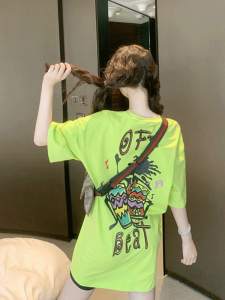 Fluorescent Fruit Green Short Sleeve T-Shirt Womens Loose Mid-Length Top Bright Color Summer Dopaamine Style Cotton Blend