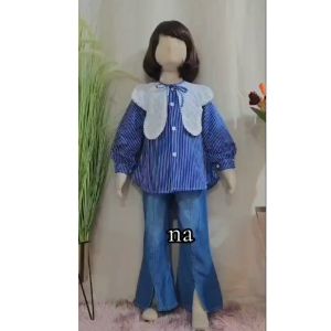Setelan Celana Jeans Cutbray Anak Perempuan Setelan Ruli Katun Salur Anak Perempuan Kombinasi Brukat Kupu Kupu Pundak/One Set Celana Cutbray Terbaru 2024 /Usia 3 Sampai 12 Tahun
