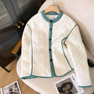 Big Sale Leak-Picking ~ Withdraw Export Fall and Winter Color-Contrast Check Lightweight Cotton-Padded Jacket Womens Loose Easiest for Match round Neck Cotton-Padded Coat Outwear