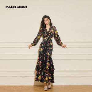 Vintage Print Split Design Resort-style Dress