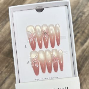 10pcs Rainbow Gradient French Fake Nails with Glitter Bow Ties and Butterfly Rhinestones for Party Wedding Photography
