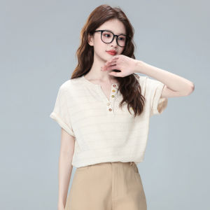 ZISUO | Áo Thun Sọc Hạnh Nhân Vòng Cổ Tay Ngắn Dễ Dàng