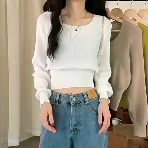 LNR Shop Atasan Lengan Panjang Blouse Square Neck Import Korean Style Long Sleeve Motif Polos untuk Wanita Kasual Casual T-Shirt Sweater Dalaman Kaos Kemeja Jas Kerah Crop Top