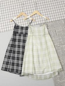 Váy Midi Tay Không Dây Vải Voan Mùa Hè 2024 Cho Nữ Thiết Kế Kẻ Caro Cao Cấp Váy Midi Cổ Điển Phong Cách Đại Học