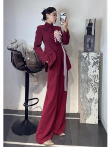 New Year Chinese Style Red Two-Piece Set Heavy Embroidery Shiny Sequins Wide Leg Pants Long Sleeve Stand Collar Fashion Set