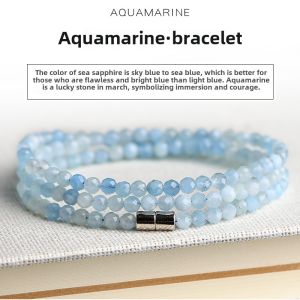 Natural Sea Blue Topaz Bracelet Diamond Cut Three Circle Couple Style Crystal Jewelry Calm Brave Stone Double Row Wristband