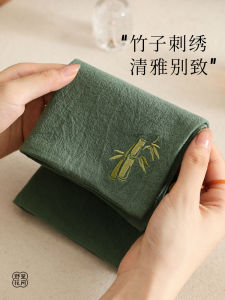 Wild Flower Room [Green Seedling] Bamboo Embroidered Tea Towel Thick Fabric Water Absorbent Tea Cloth Tea Mat Tea Mat Tea Utensils