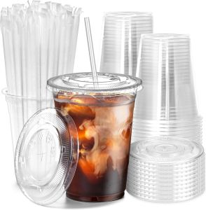 50 Sets 12/16/20/24OZ Clear Plastic Cups Lids and Straws for Iced Coffee Cups Disposable Smoothie Cups for Cold Drink Free BPA