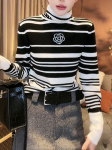 Trendy High Collar Striped Knit Sweater