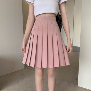 Plus-Size Preppy Style Pink Pleated Skirt Womens Mid-Length Dress Summer Plus Size Ladies High Waist Cover Skirt Slimming Anti-Emptied A- line Skirt