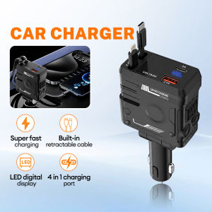 Retractable Car Charger 4-in-1 Car Fast Charger with 2 Charging Cables + 2 Charging Ports for IOS & Type-c with LED Digital Display Pengecas Kereta