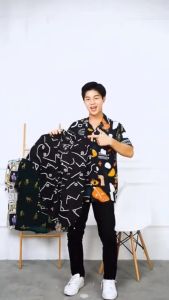 kemeja pria abstrak vintage casual lengan pendek retro bahan rayon viscose import adem nyaman dipakai