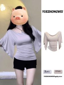 ร้านค้าลดราคา ข้อเสนอพิเศษ พรางหุ่น ดีไซน์ อินเทรนด์ ชิค ผู้หญิง เสื้อยืด พลีท พับไหล่เดียวสไตล์พร็อพสีบริสุทธิ์