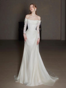 ชุดแต่งงานคอตั้งแขนยาวผ้าซาตินสไตล์ฝรั่งเศส เอวกลาง ทรงหางปลา กระโปรงยาวปานกลาง ทรงเข้ารูป คอลเลกชันฤดูใบไม้ผลิ 2024