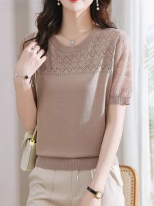 WANGGONGZHU | Ice Silk Hollow Out Short Sleeve T-Shirt Womens Summer Thin New Fashion Moms Mid Sleeve Top Korean Style Loose Fit Knittedwear
