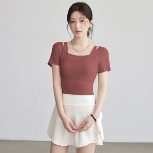 SKINOFSKIN | Fake Two-Piece Round Neck Short Sleeve Yoga Outfit with Built-in Bra for Summer