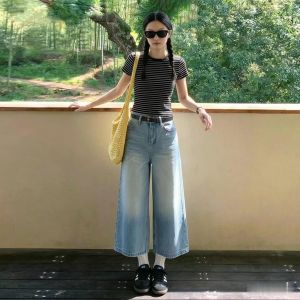 V.C.I | High Waist Summer Lightweight Loose Straight Leg Jeans Light Blue Three Quarter Length