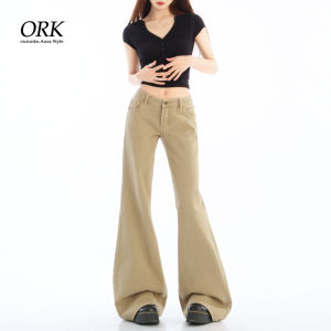 American Style Loose Fit Khaki Bell Bottom Jeans Women Summer Low Waist Drapey Straight Leg Long Trousers Casual Zipper Style