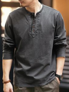 Premium Retro Cotton Henley Shirt Long Sleeve