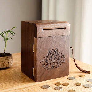 Adult Wooden Money Box with Lock Real Wood Coin Dispenser Savings Chest Decorative Display Heavy Duty Storage Jar