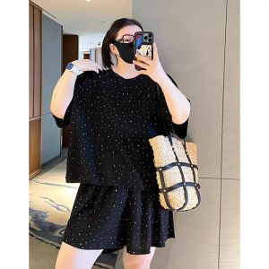 plus Size Womens Casual Fashion Gold Embossed Loose Short Sleeve Skort Set Slimming Sportswear Two-Piece Suit Polyester Fiber
