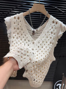 Counter Withdrawal Cut Label Cut Out Crochet Knitting Vest Womens Summer Wooden Ear Cute Youth-Looking Outer Wear Sleeveless Tops