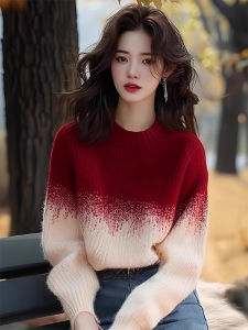 Womens Gradient Red Knitwear Sweet Style Christmas New Year Cross Season Base Layer Inner Wear Winter Outfit Long Sleeve round Neck