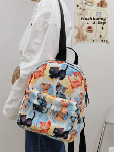 กระเป๋าเป้สะพายหลังผ้าไนลอนพิมพ์ลายแมวสไตล์สตรีทเทรนด์สำหรับผู้หญิง กระเป๋าสะพายไหล่แบบลำลอง ความจุขนาดเล็ก น้ำหนักเบา ปิดด้วยซิป