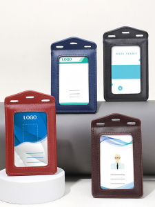 Formal Badge Holder Trifold Leather Card Holder with Clear ID Window and Lanyard for Business Worker