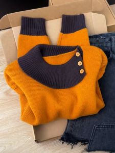 French Vintage Soft Lazy Style Loose Knitwear Unique Beautiful Orange Collar Sweater Women Autumn Long Sleeve Knitted Dress