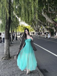 Ec Light Maturity Style Qing Green Color Net Halter Dress Backless Bodycon Long Dress Soft Comfortable High Elasticity Polyester