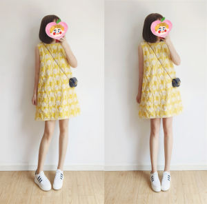 ชุดเดรสแขนกุดผ้าฝ้ายลินินสีเหลืองสำหรับผู้หญิงไซส์เล็ก ทรงเอ สั้น หลวม กระโปรง ชุดเดรส ชุดเดรสผู้หญิง