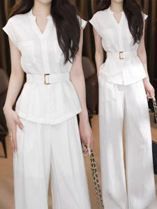 Shalldoer | French Style Slimming V-Neck Top And High Waist Casual Pants Two-Piece Set For Women Fashionable Summer Collection