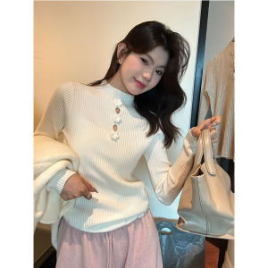 เสื้อถักแขนยาวปิดด้วยกระดุมคอตั้งแบบมีสไตล์สำหรับผู้หญิง ฤดูใบไม้ร่วง/ฤดูหนาว เสื้อชั้นในคอกลมแขนยาวแบบใหม่ ผ้าถักโพลีเอสเตอร์